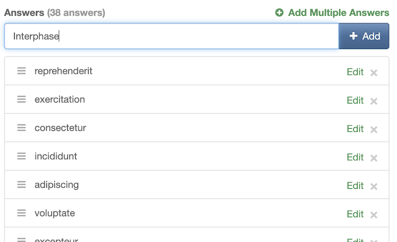 Bingo card vocabulary input screen