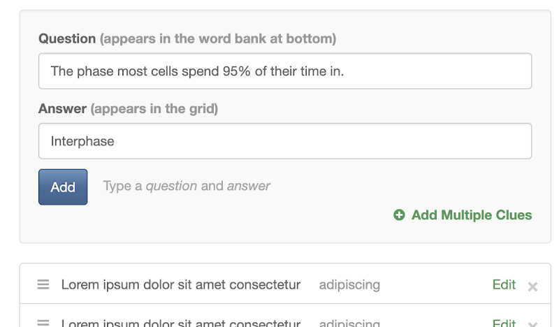 Crossword puzzle question input screen